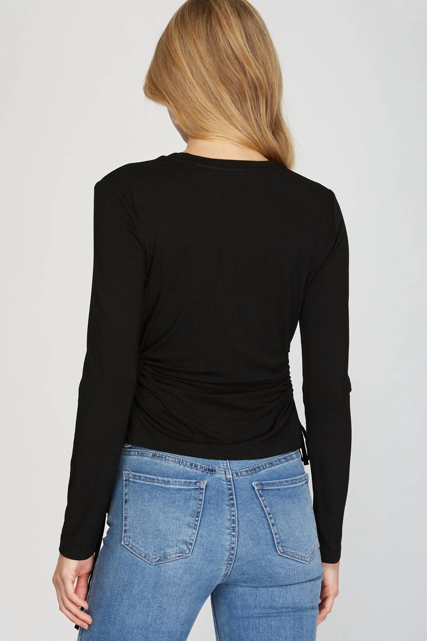 She + Sky - Long Sleeve Side Drawstring Ruched Cutout Knit Top