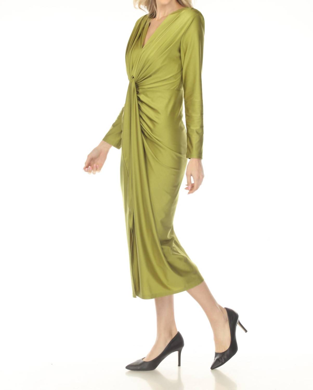 Joseph Ribkoff Ruched V-neck Satin Evening Midi Dress in fern green - women's dress - detail view