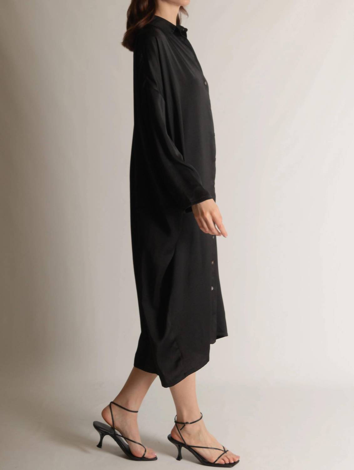 P.Cill - Satin Oversized Button Up Shirt Midi Dress