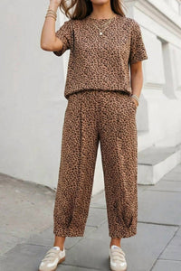 Aapparella - Leopard Top Drawstring Waist Barrel Pants Set