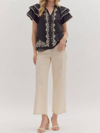 Entro - Scalloped Flutter Sleeve V Neck Top