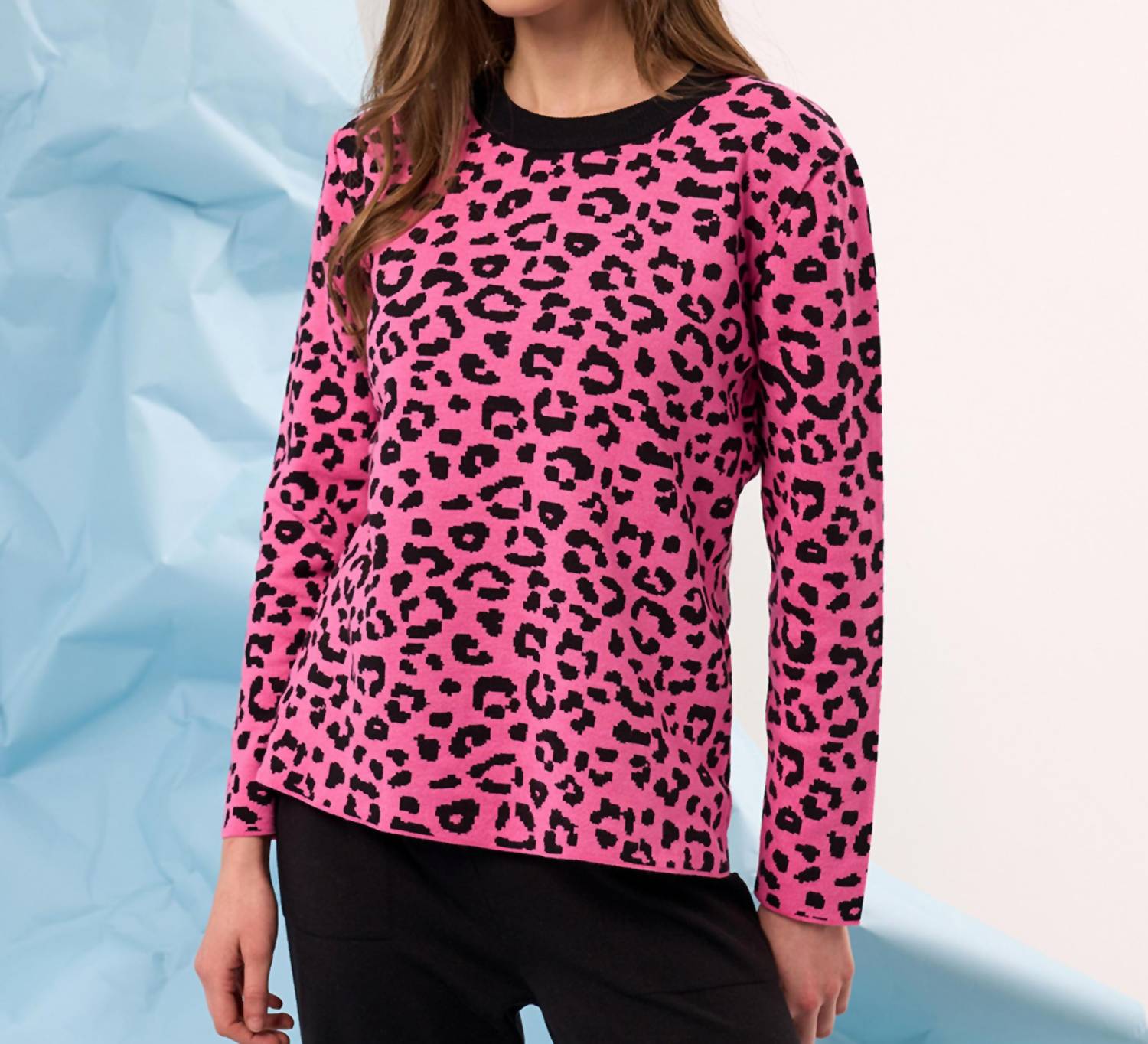 french kyss Leopard Print Scoop Neck Top in rose black - women's sweater