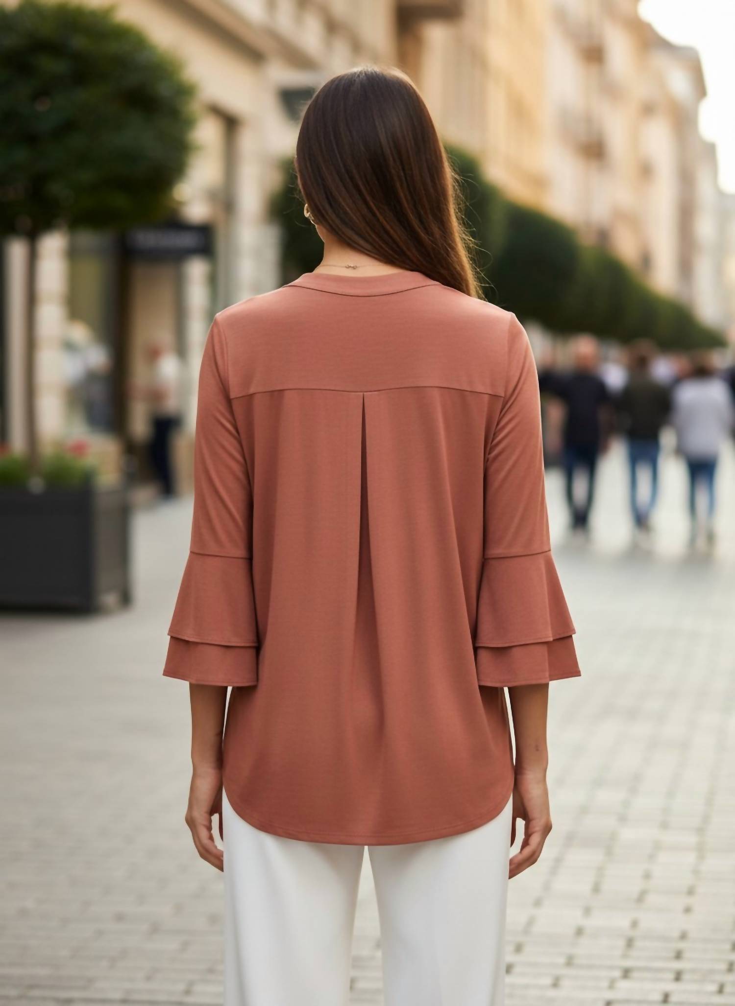 Dear Scarlett Solid Color Tiered Bell Sleeve Top in caramel - women's t-shirt - alternate view