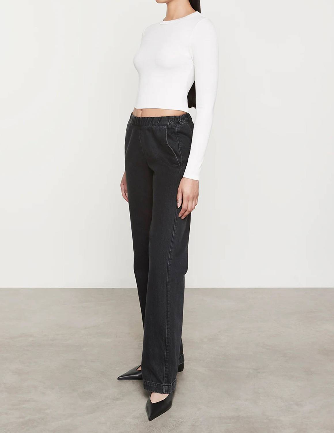 Enza Costa Cotton Denim Everywhere Pant in washed black - women's pants - detail view