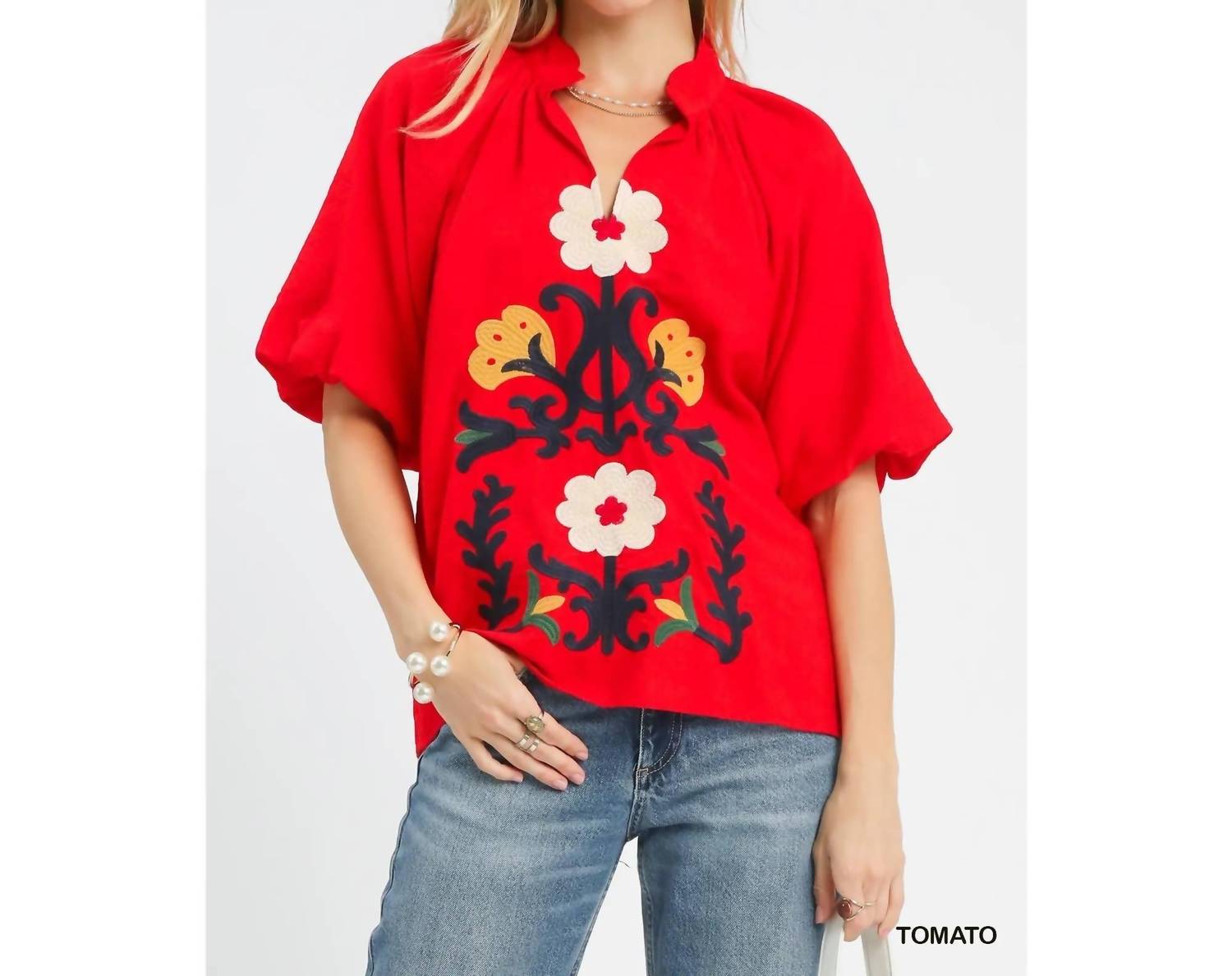 Style USA Embroidered Boho Top in tomato - women's blouse