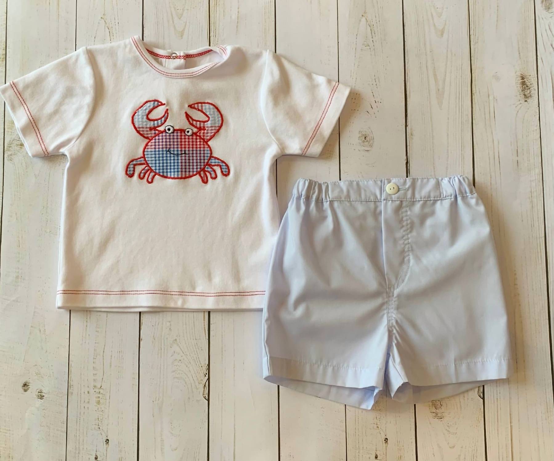 Petit Ami Zubels Boys Crab Applique Short Set in white sky - item