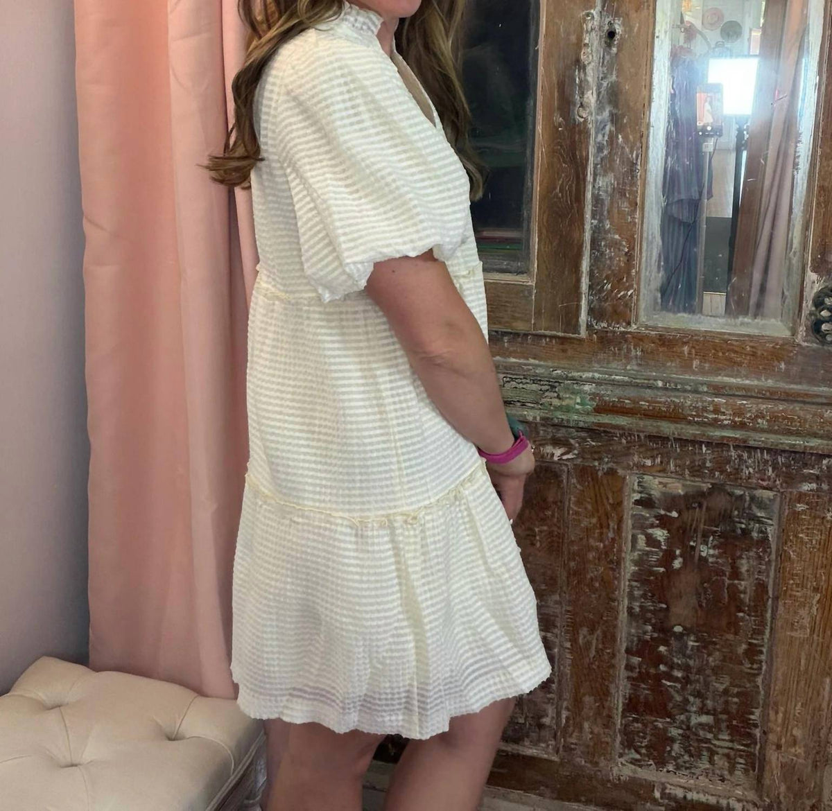 Fantastic Fawn - Textured Woven Short Puff Sleeves Dress
