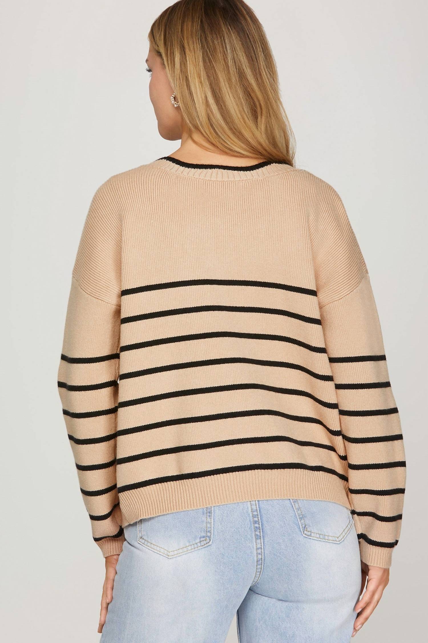 SHE + SKY Striped Bow Detail Reversible Sweater Cardigan in bworn black - women's cardigan - alternate view