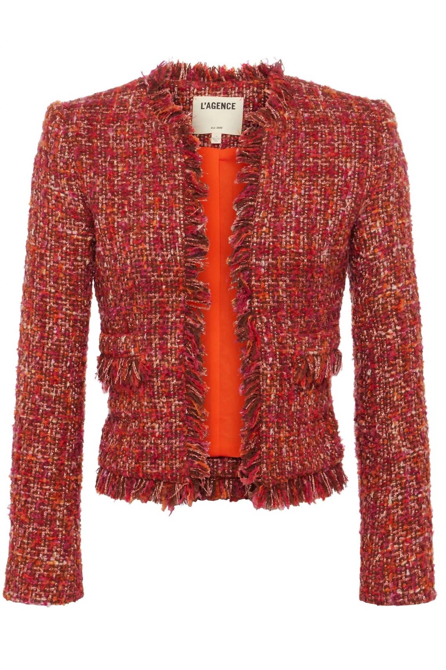 L'Agence Angelina Open-front Blazer in orange pink tweed - women's jacket - view 5