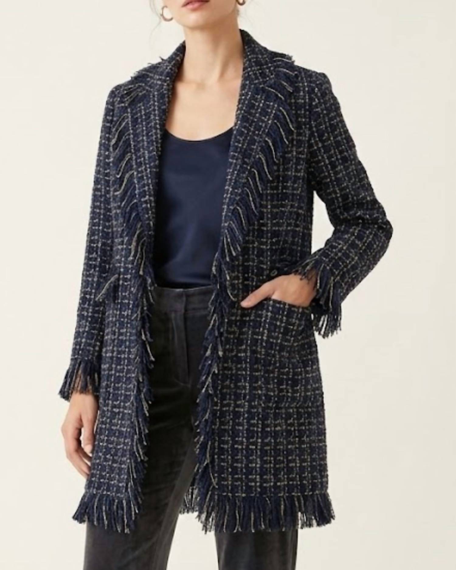 Grace Chuang Long Metallic Tweed Jacket With Fringe in blue multi - women's jacket