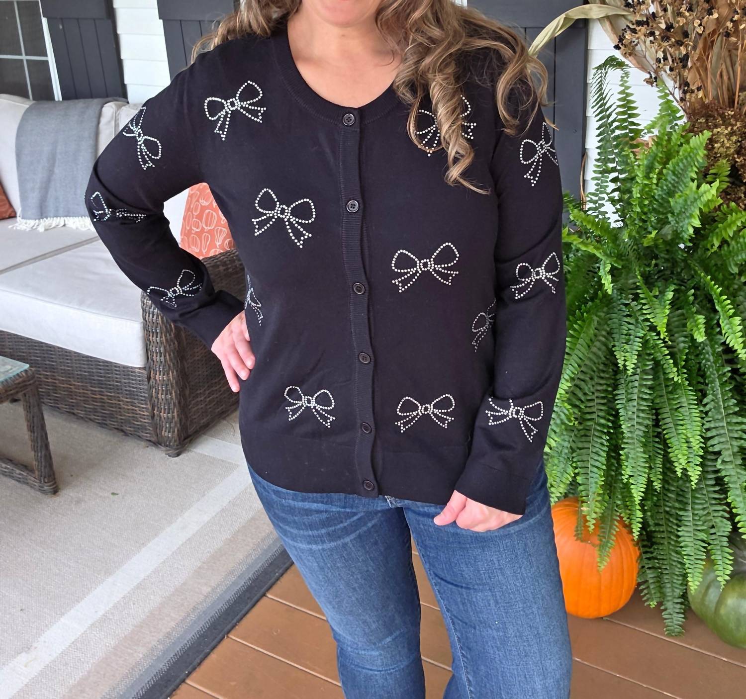 Sew In Love - Bow Rhinestone Button Sweater