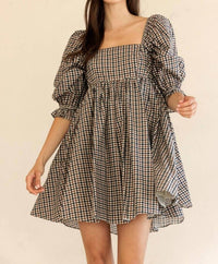 STORIA Florence Mini Dress in navy brown gingham - women's dress
