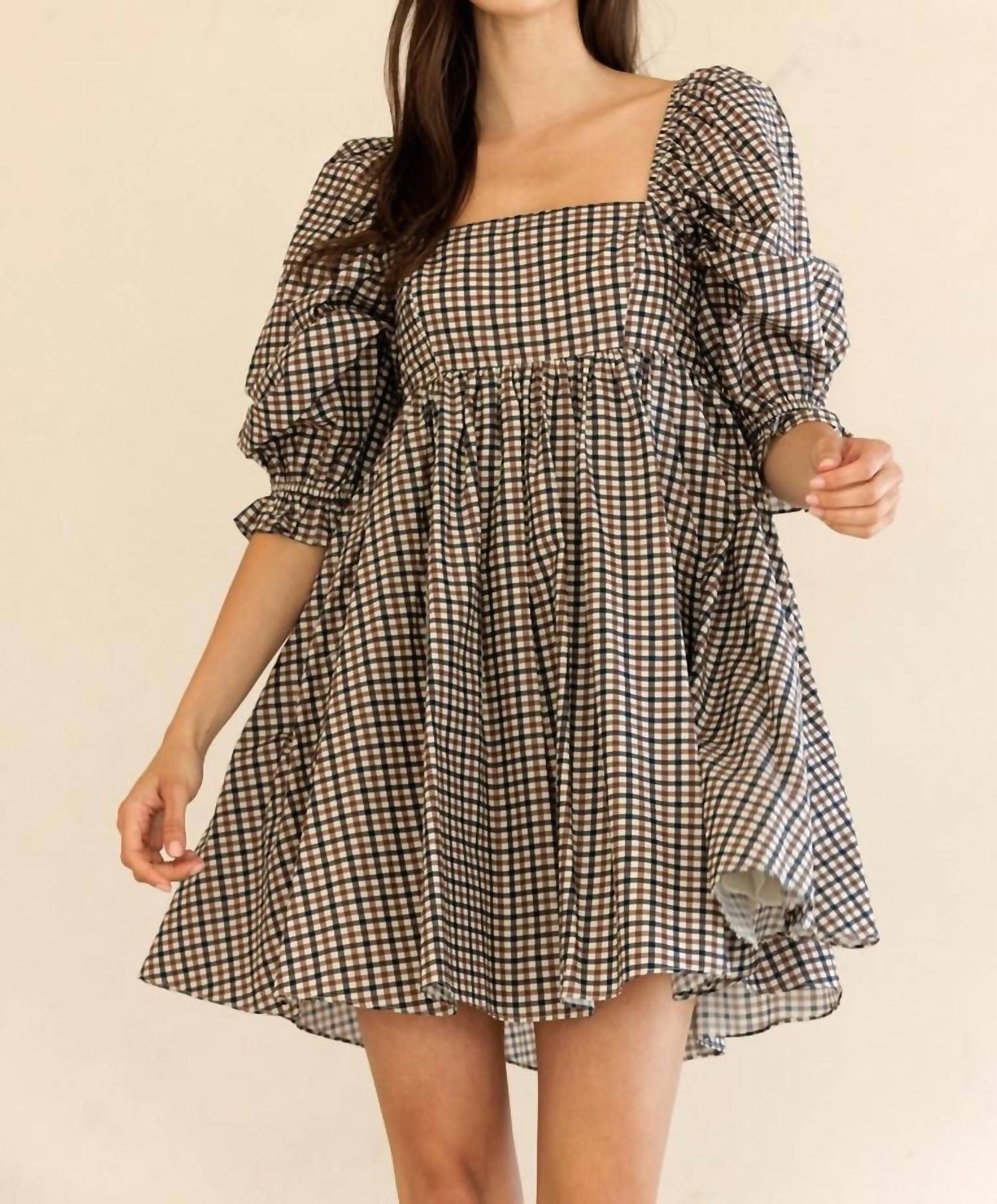 STORIA Florence Mini Dress in navy brown gingham - women's dress