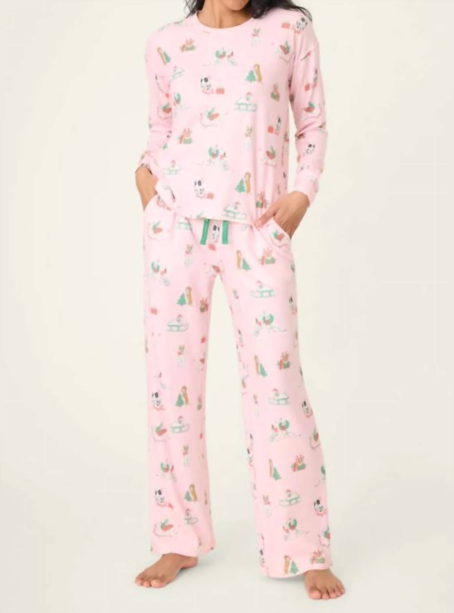 PJ Salvage Peace And Pawlidays Dog Print Pants Set in pink - women's sleepwear