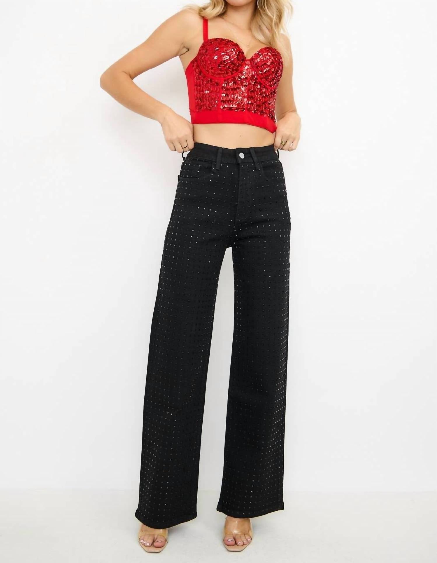 Kiwi - Rhinestone High Waisted Stretch Wide Leg Denim Pants