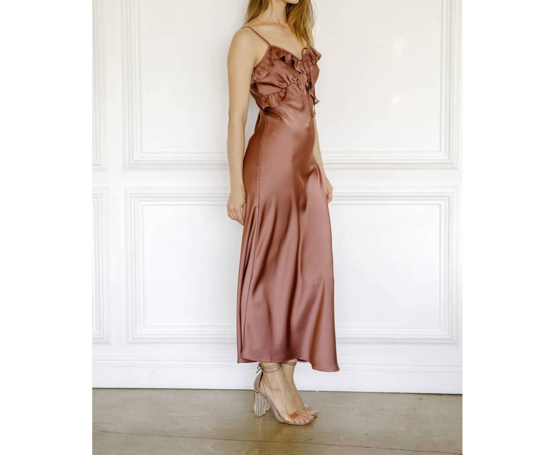 Storia - Women's Satin Ruffled Slip Midi Dress