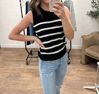 LE LIS Round Neck Sleeveless Sweater Top in black white - women's sweater - alternate view
