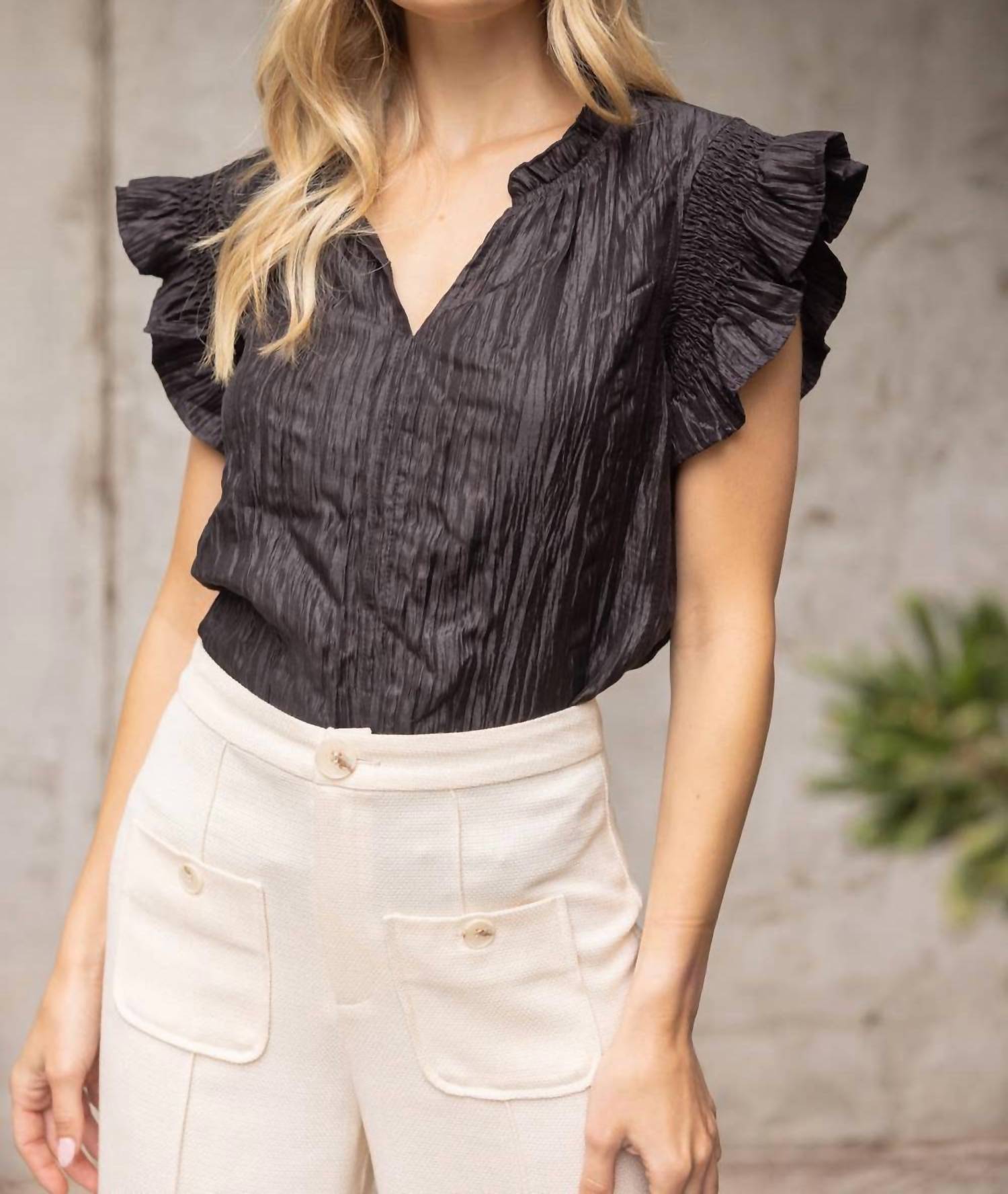 Voy - Smocked Ruffle Sleeve Crinkle Textured Top