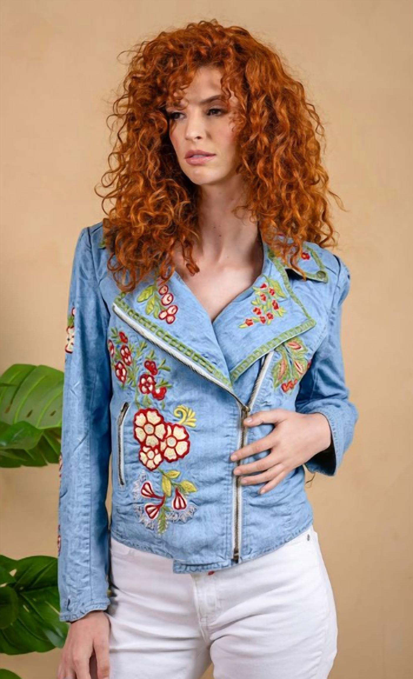 Paparazzi - Embroidered Denim Tencel Moto Jacket