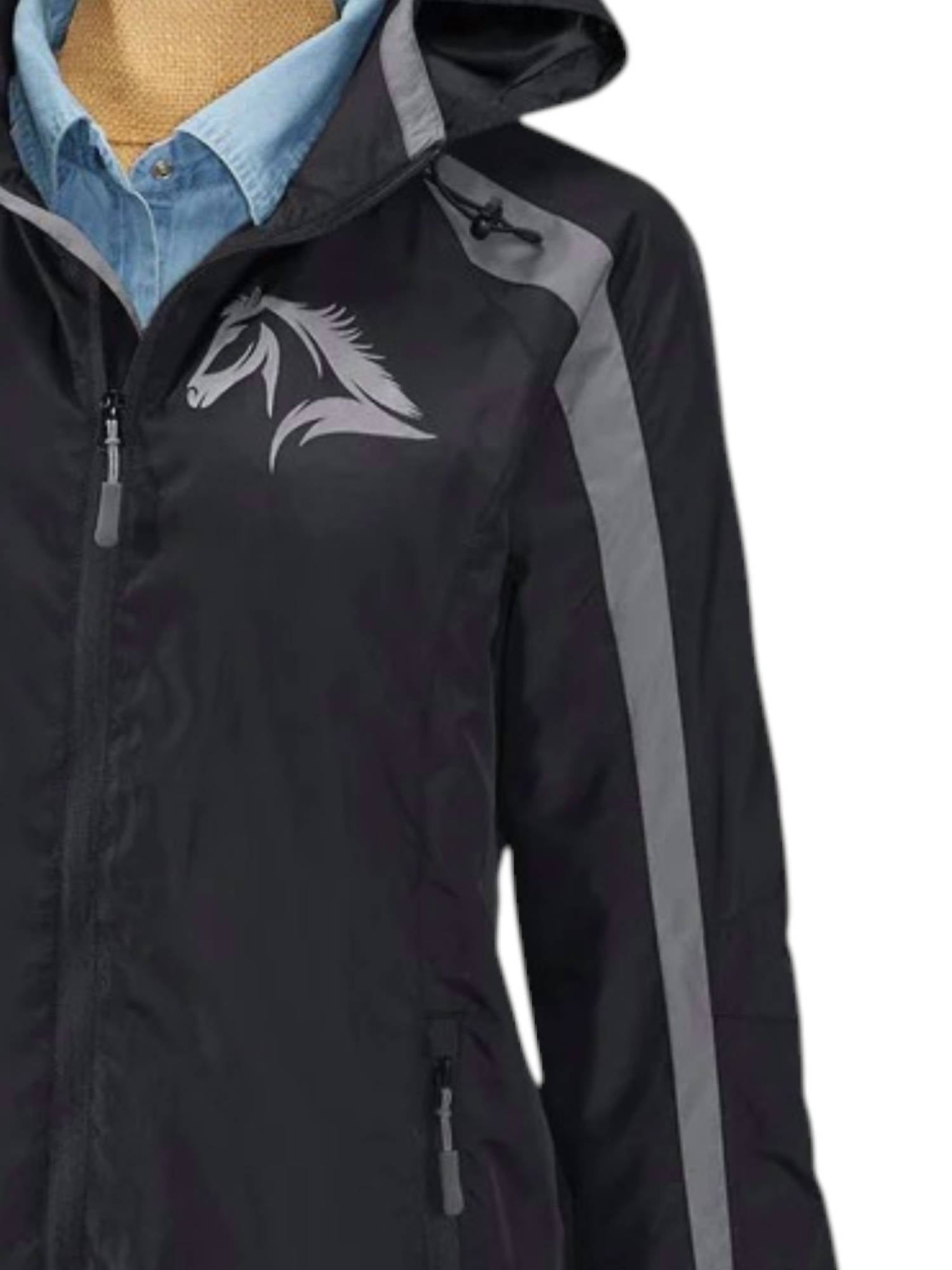 Back in the Saddle Women's Horse Print Windbreaker in the saddle women s horse print windbreaker in black - women's jacket - detail view