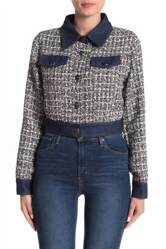 Gracia - Tweed Glitter Contrast Denim Crop Jacket