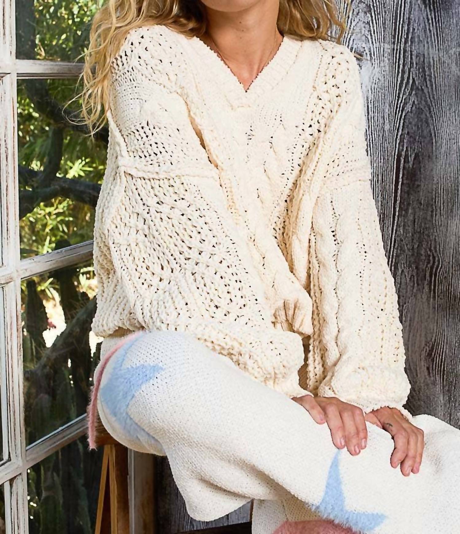 Pol - V-neck Semi Cropped Top Chenille Sweater