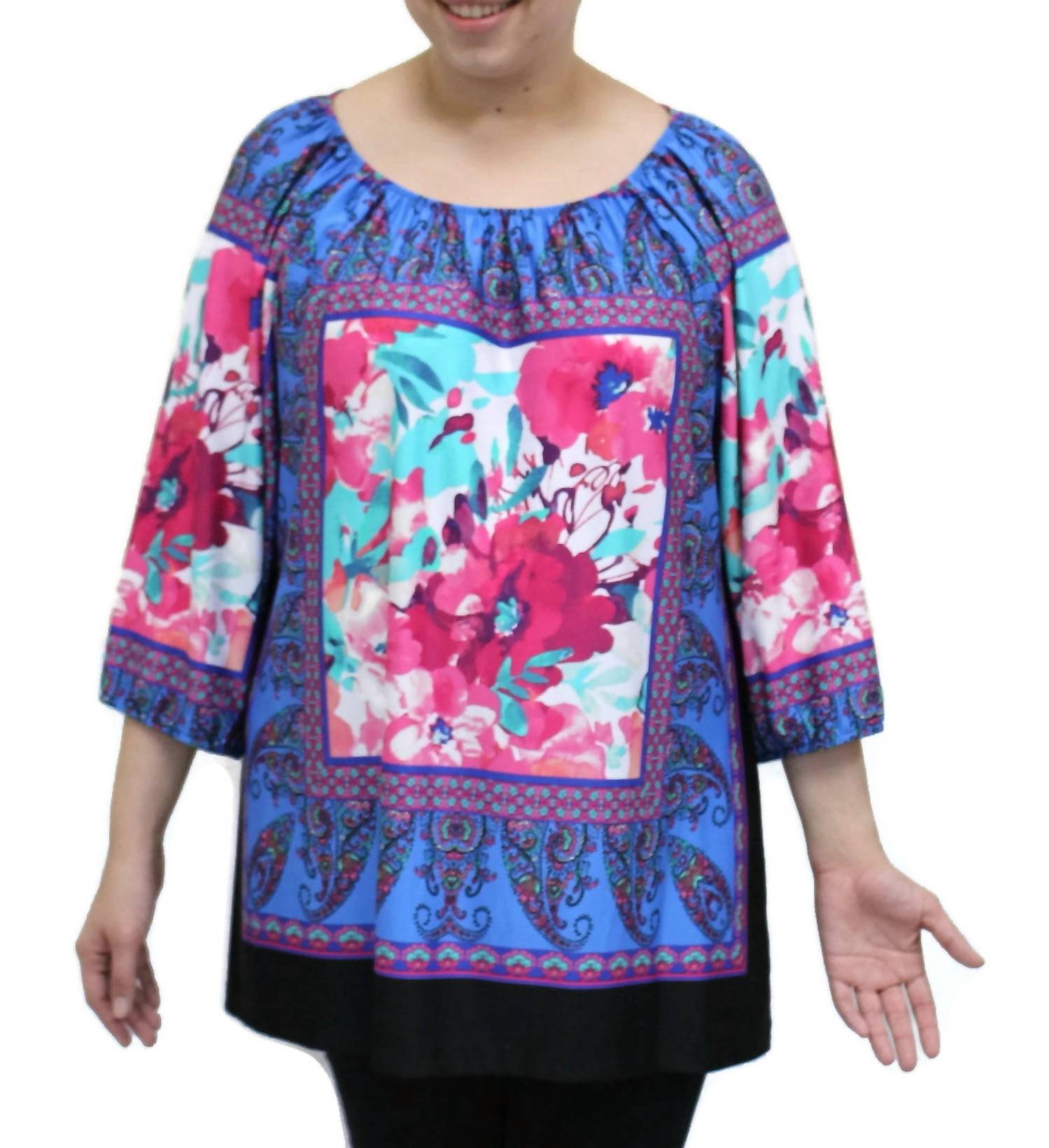 N Touch Floral Peasant Top in peri fuchsia - women's blouse