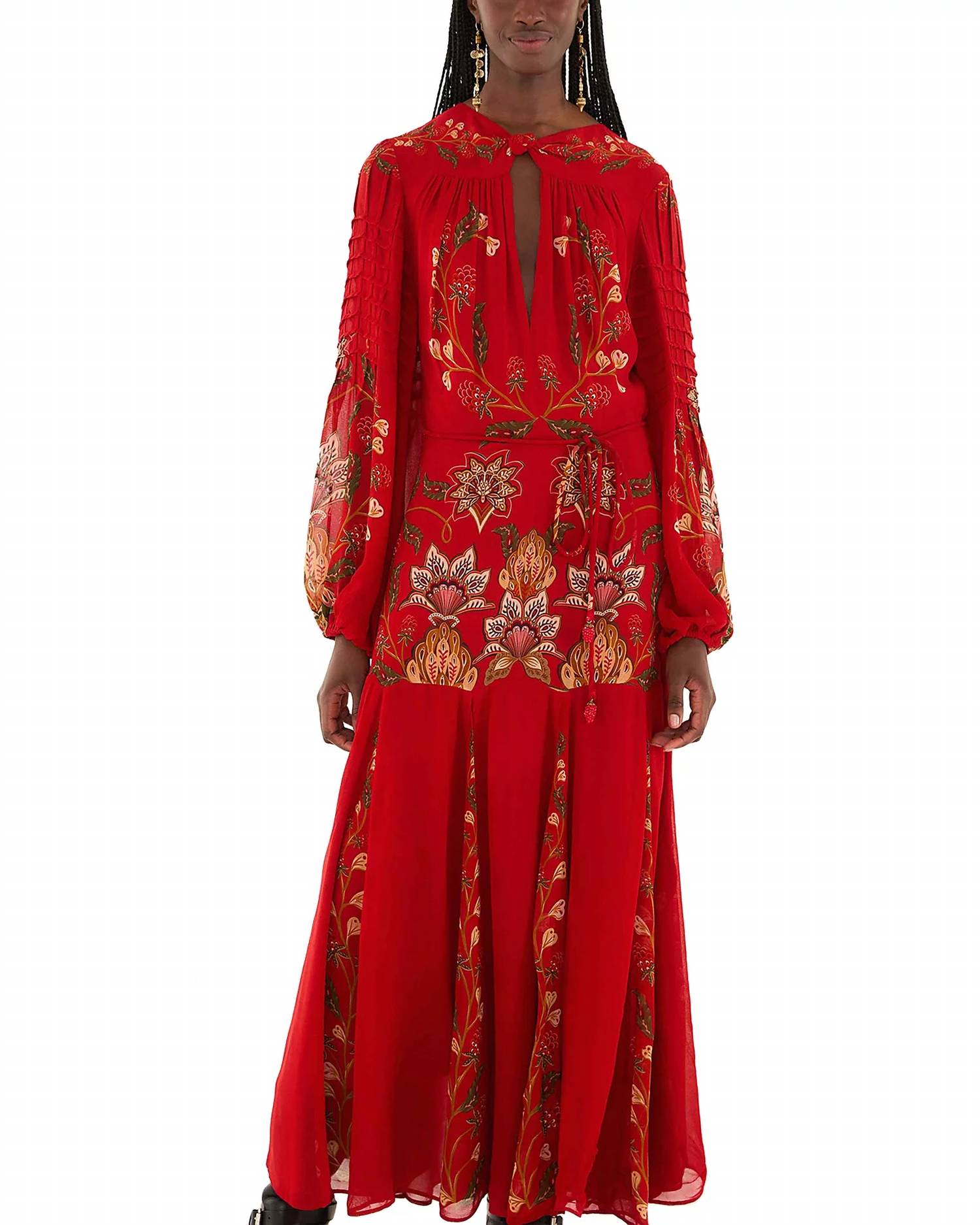Farm Rio - Berry Garden Long Sleeve Pleated Maxi Dress