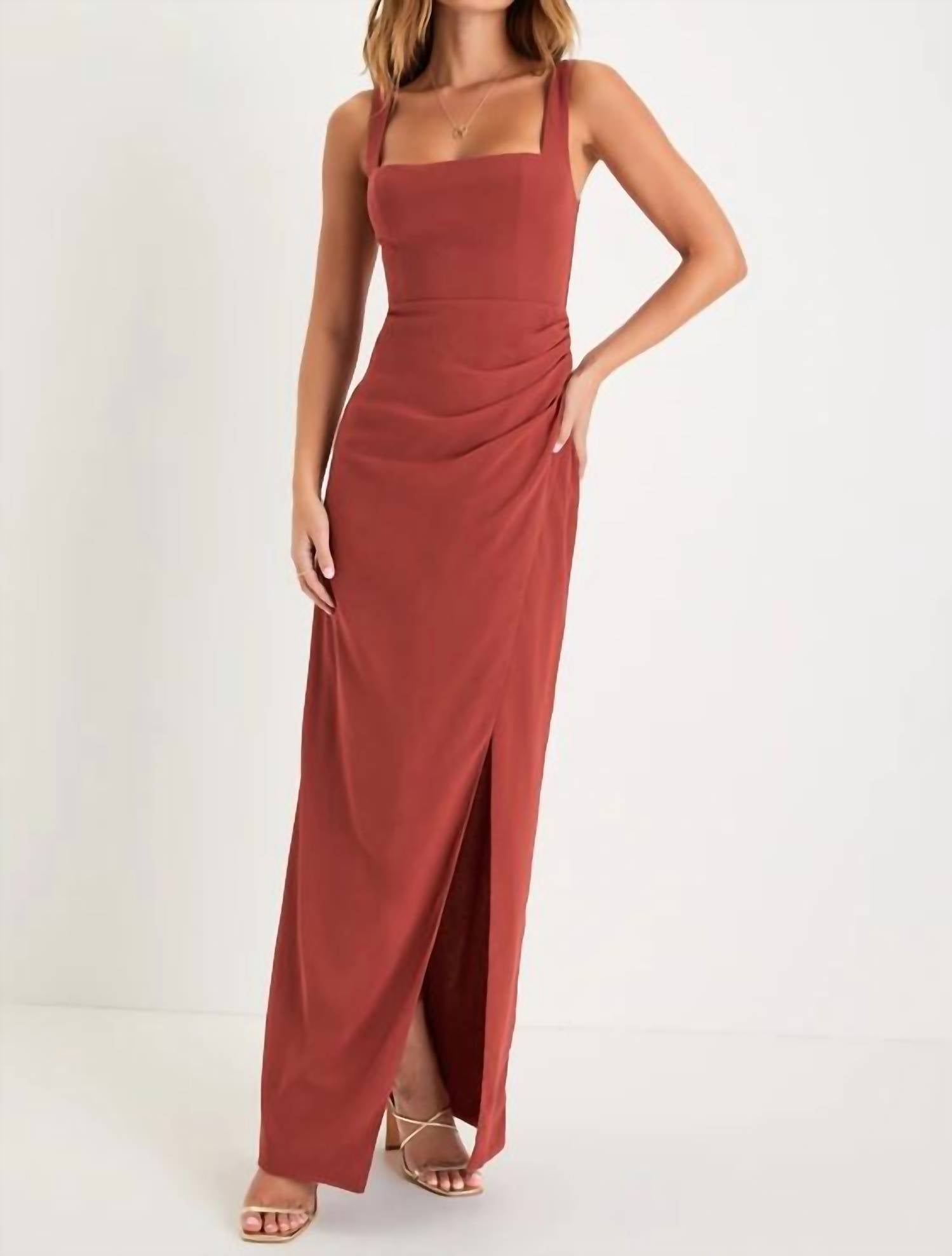 Lulus Glamorous Disposition Ruched Maxi Dress in rust - women's dress