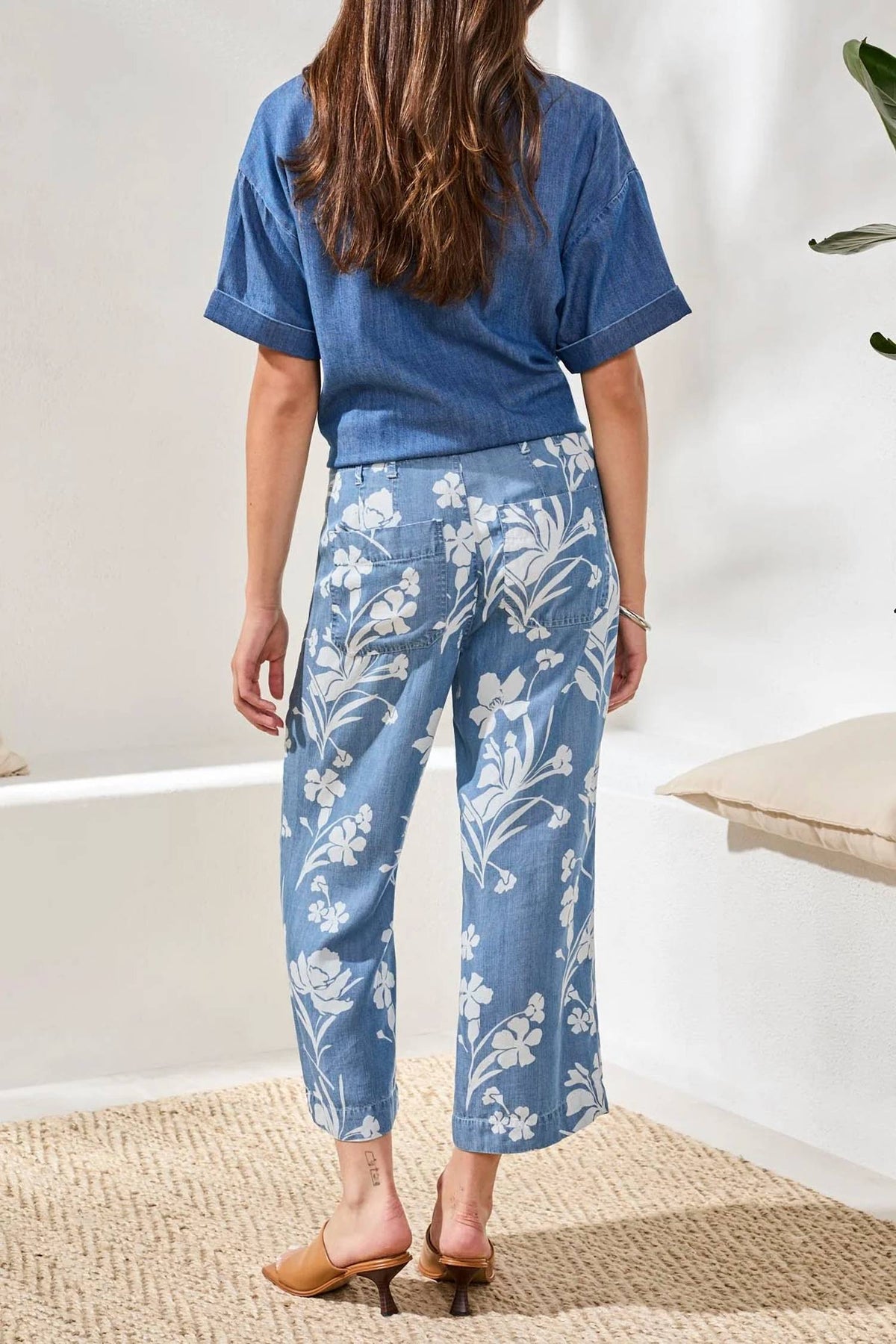 Tribal - Drape Denim Printed Wide Leg Crop Pants