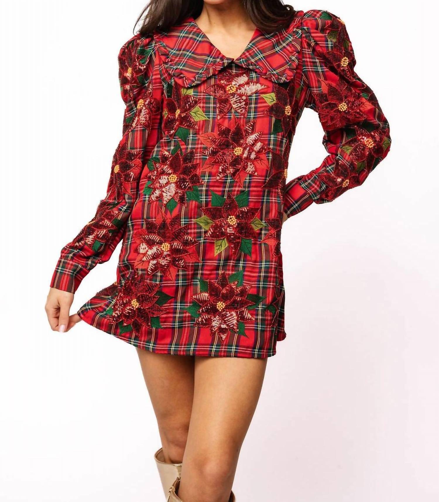 Queen Of Sparkles - Plaid Poinsettia Oversized Collar Poof Sleeve Dress
