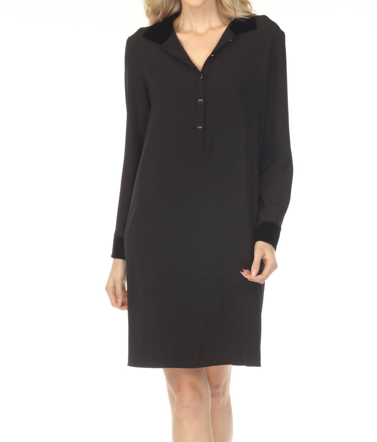 Joseph Ribkoff Velvet Collar Twill Shirt Mini Dress in black - women's dress