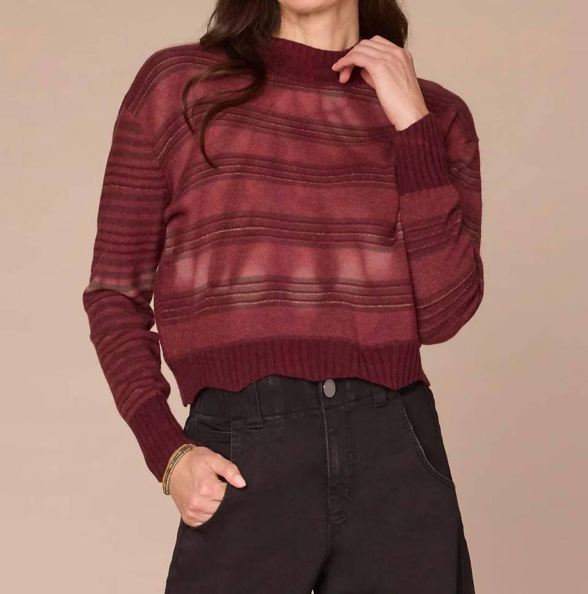 Democracy - Wavy Scallop Hem Stripe Mix Tie Dye Sweater
