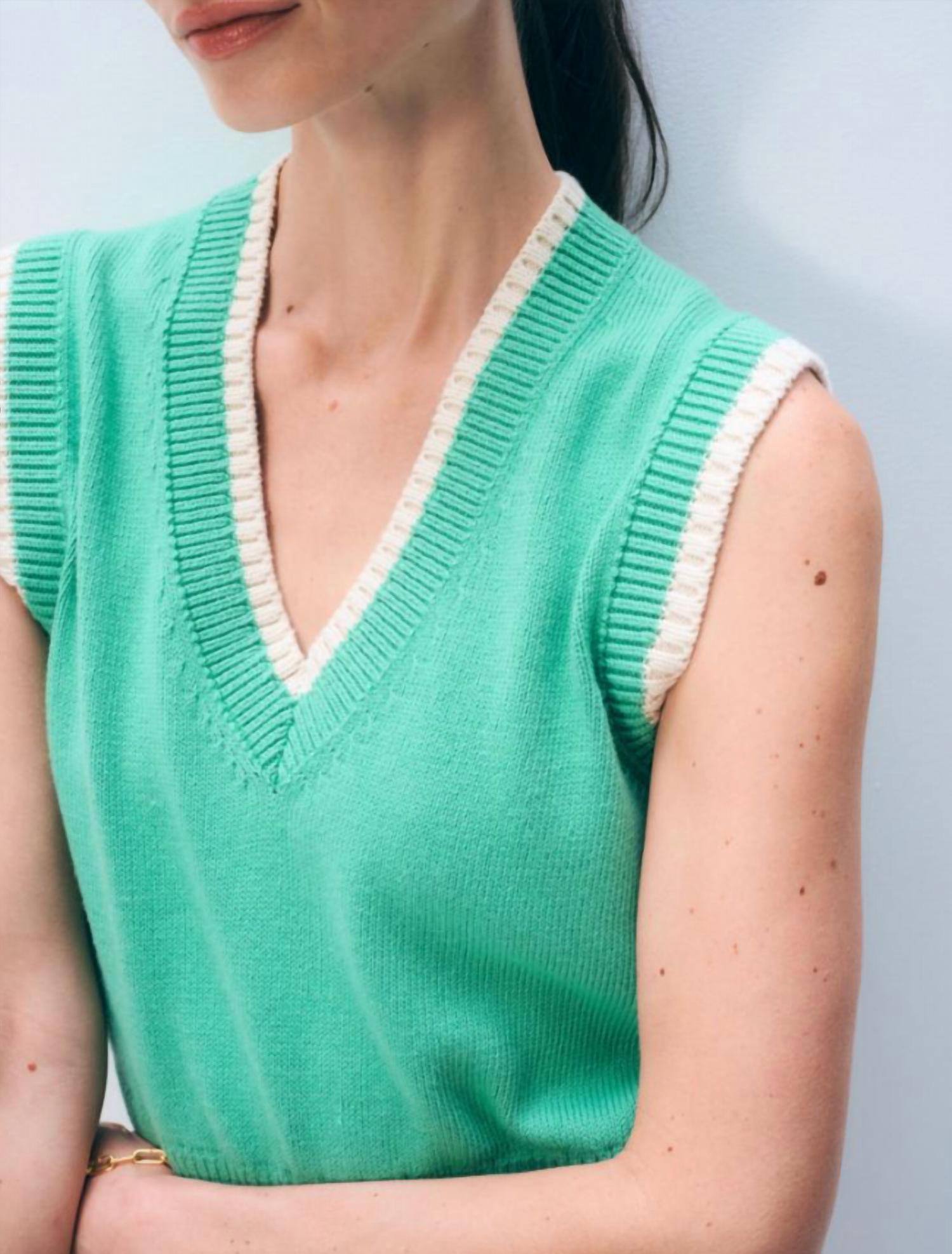 White + Warren Varsity Cotton Sweater Vest in retro green ivory - women's jacket - detail view