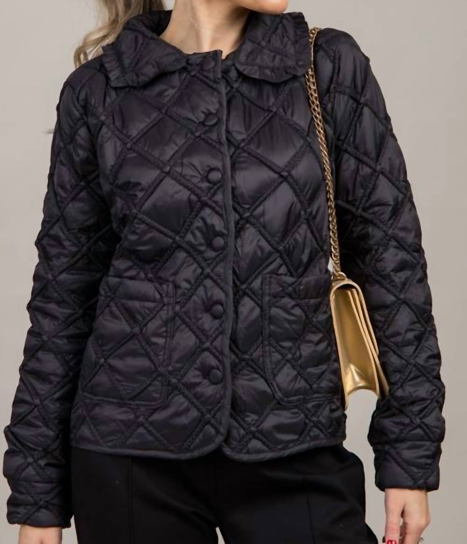 Doe and Rae Ruffle Collar Quilted Jacket in black - women's jacket