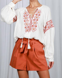 Vine & Love - Tie Neck Tassel Trim Embroidered Bohemian Blouse