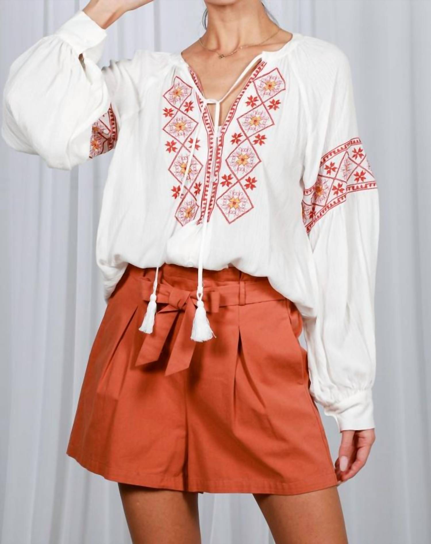 Vine & Love - Tie Neck Tassel Trim Embroidered Bohemian Blouse
