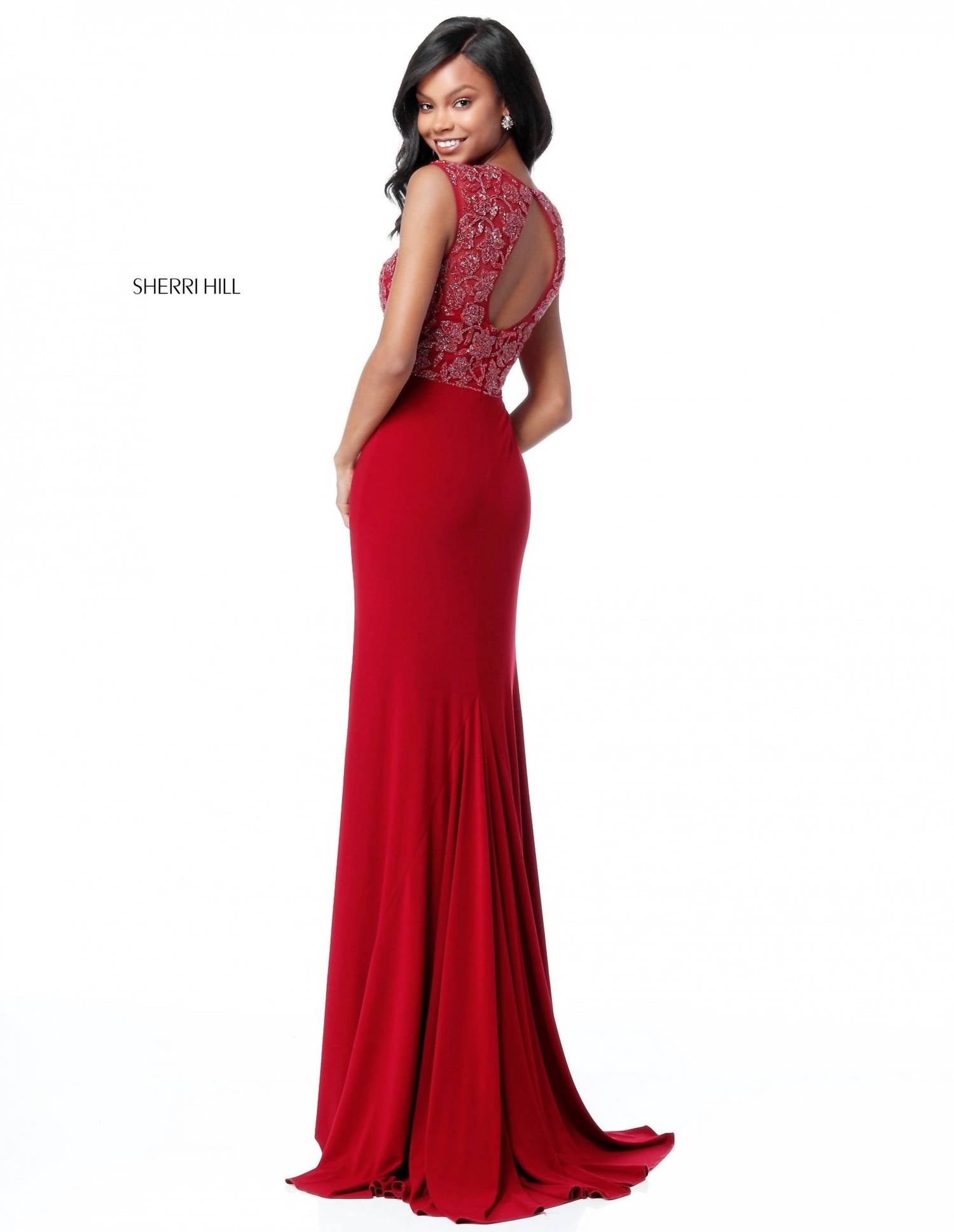Sherri Hill Fit And Flare Long Party Dress in burgundy - women's dress - alternate view