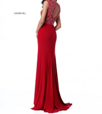Sherri Hill Fit And Flare Long Party Dress in burgundy - women's dress - detail view