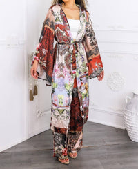 Surelymine - Golden Hour Boho Luxe Kimono Set Printed Duster & Wide-leg Pants