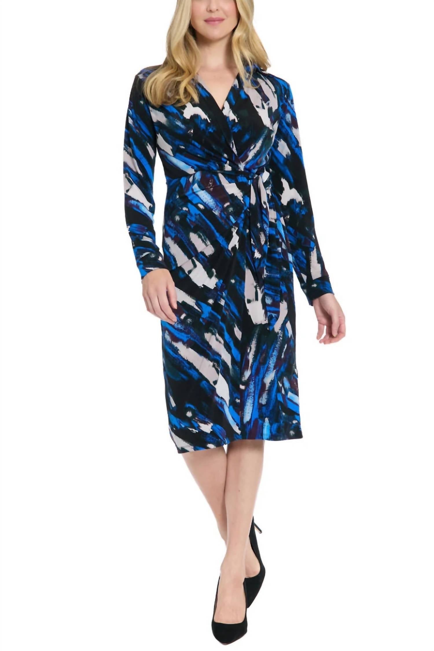 London Times - Cinched Waist Faux Wrap Draped Sheath Midi Dress