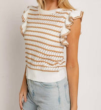 LE LIS Stripe Delight Ruffle Sleeve Knit Top in white tan - women's blouse - view 4