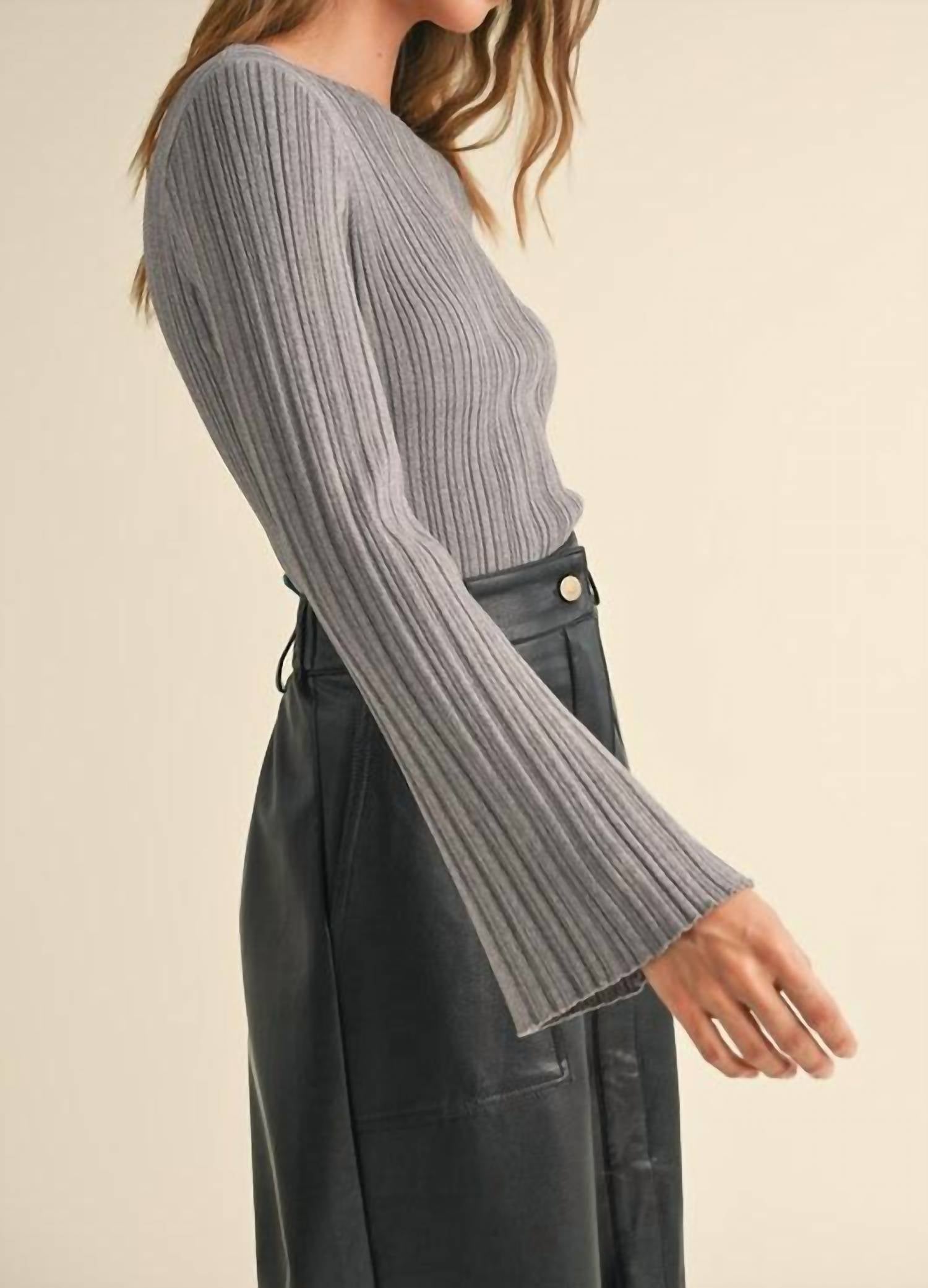 MIOU MUSE Boat Neck Ribbed Long Sleeve Top in gray - women's long sleeve top