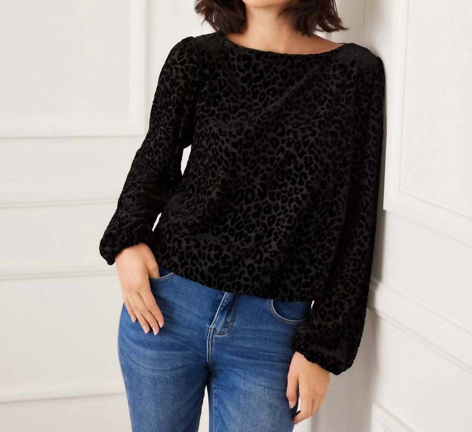 Karen Kane Blouson Sleeve Velvet Burnout Boatneck Top in leopard - women's blouse - view 4