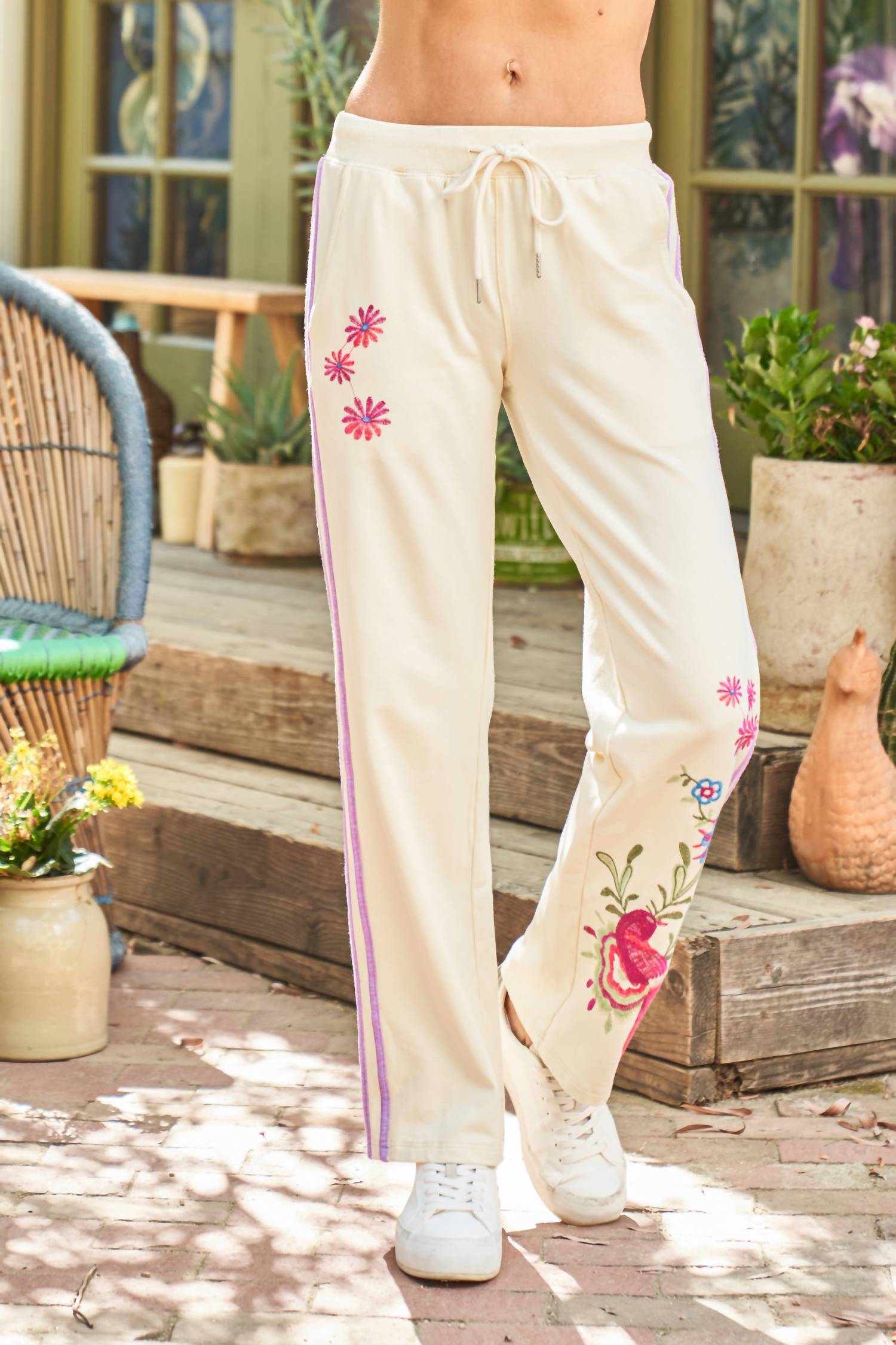 PAPARAZZI Embroidered French Terry Pant in cream - women's pants - alternate view