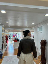 Urban Daizy Fur Collar Suede Cropped Bomber Jacket in brown - women's jacket - detail view