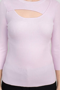 Joan Vass - 3/4 Sleeve Ribbed Pullover Cutout Chest Detail Knit Top