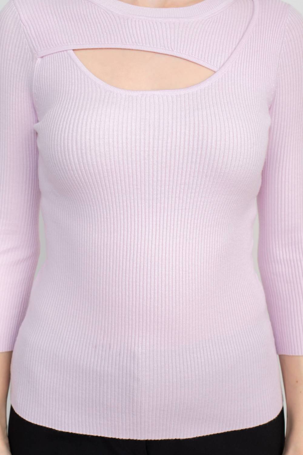 Joan Vass - 3/4 Sleeve Ribbed Pullover Cutout Chest Detail Knit Top