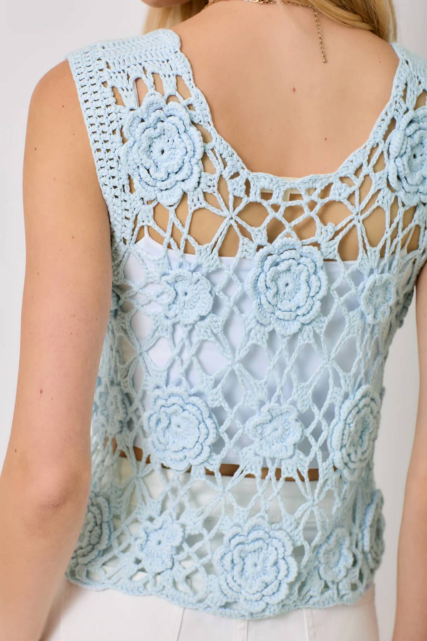 Mystree - Sleeveless Button Front Crochet Top
