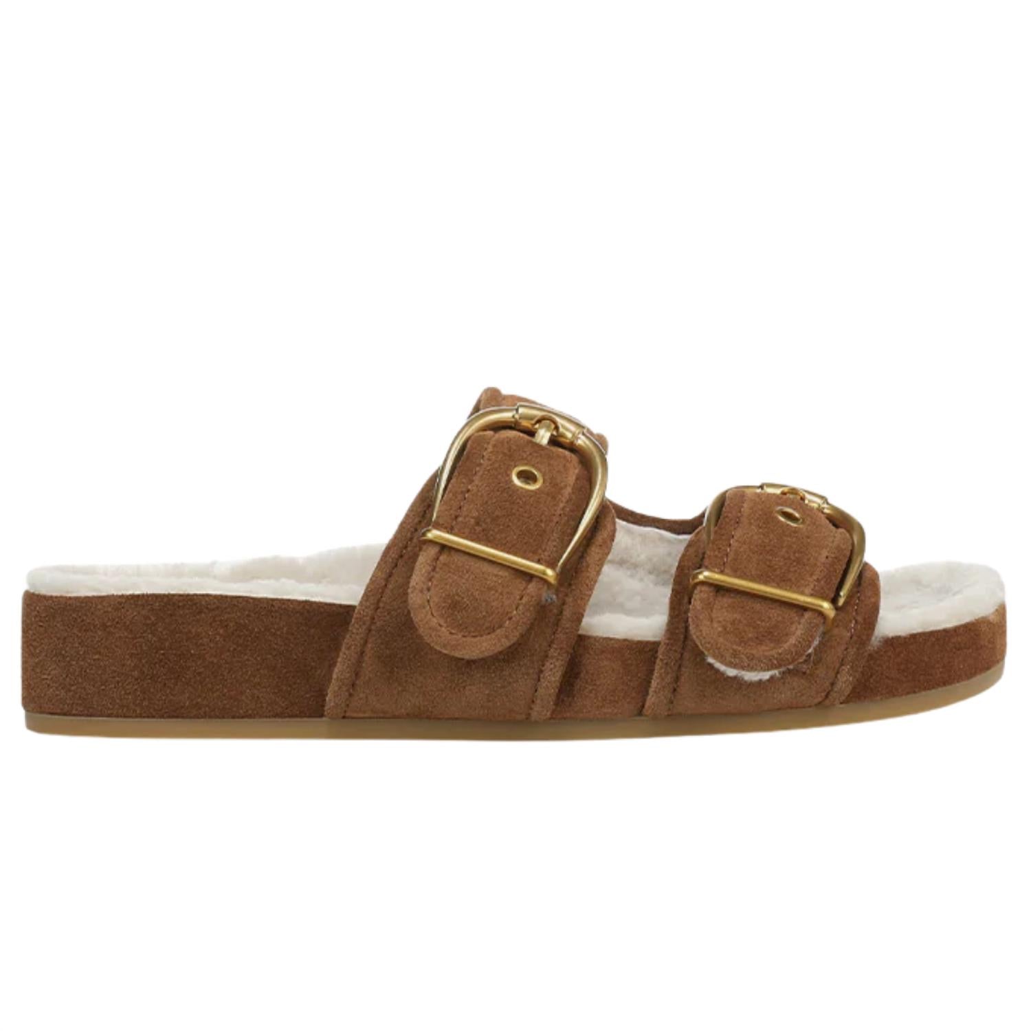 Veronica Beard Prue Shearling Buckle Sandal in hazelwood - women's sandal - detail view